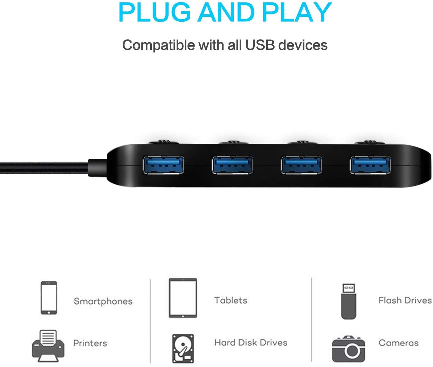 USB 3.0 Hub Splitter - 4 Port Ultra Slim Data Hub with Individual Power Switch and LED