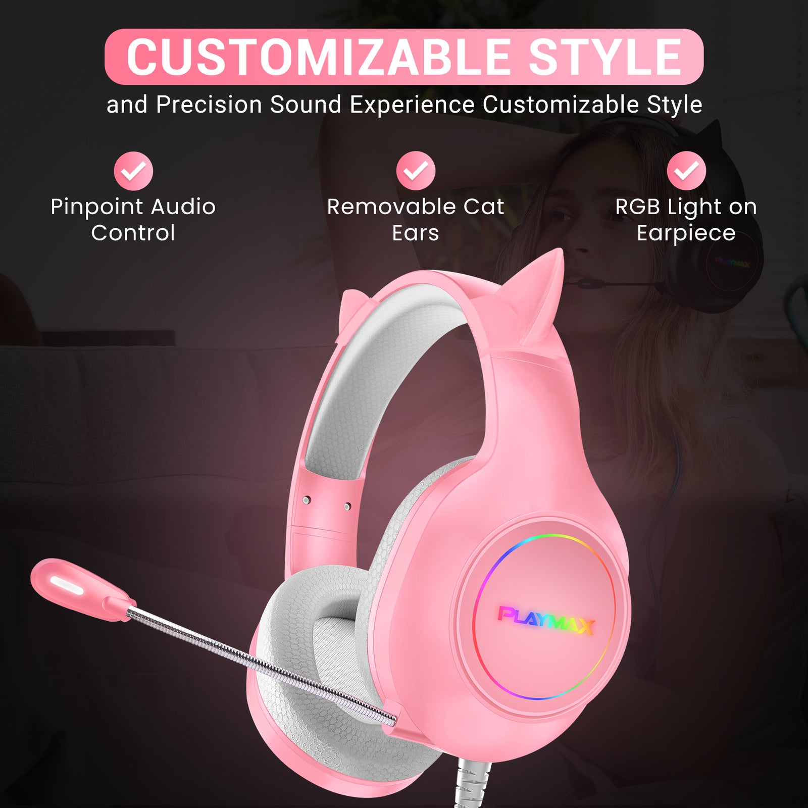 Playmax RGB Cat Ear Headset (Pink)