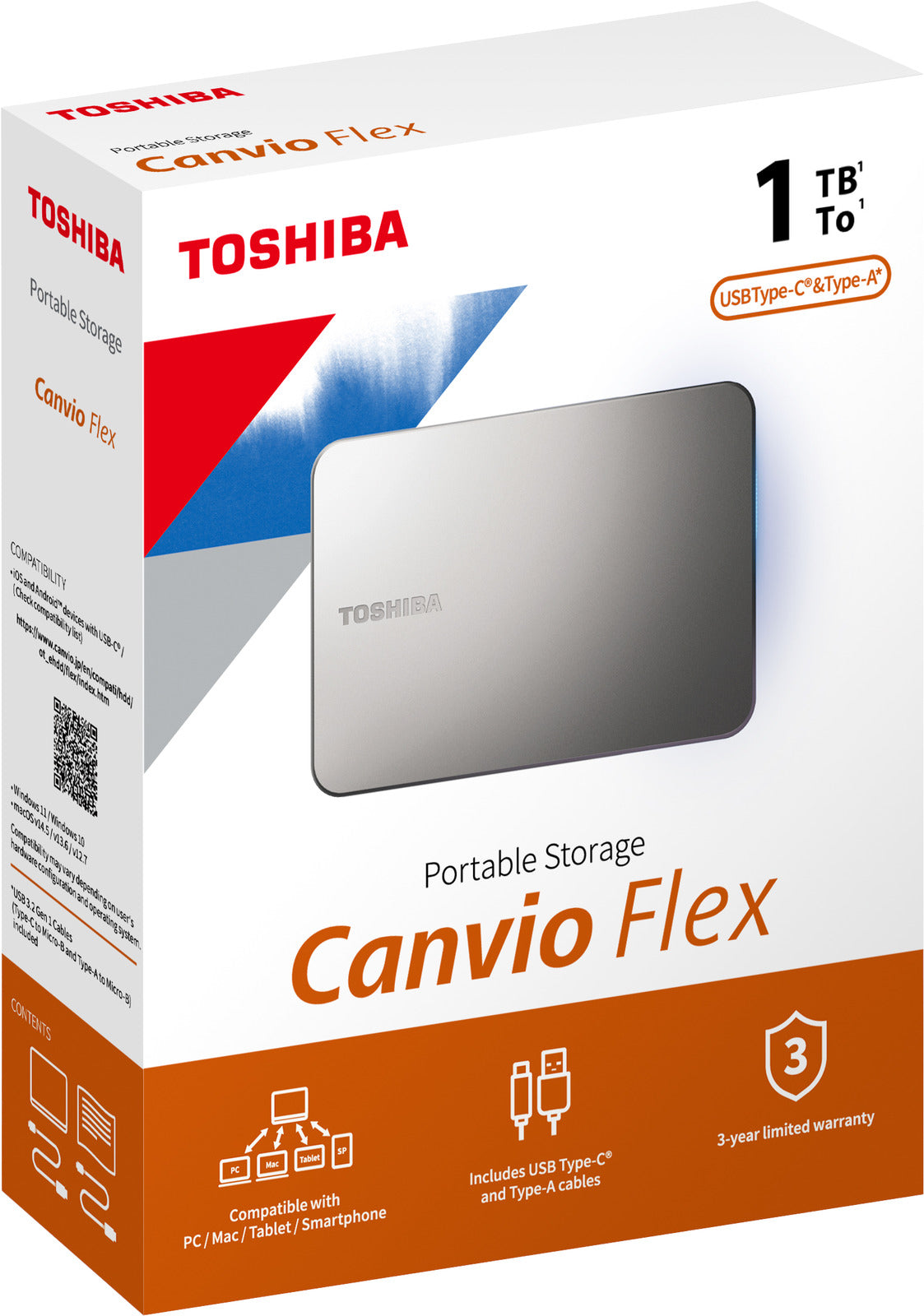 Toshiba Canvio Flex X2 USB 3.0 Portable External Hard Drive 1TB (Silver)