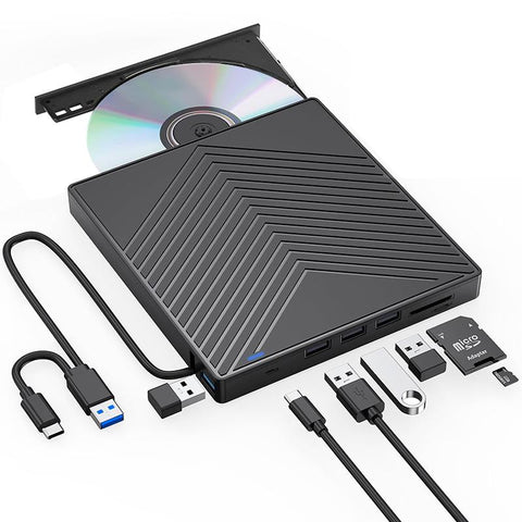 CD DVD Drive, Ultra Slim CD Burner USB 3.0 with 4 USB Ports and 2 TF/SD Card Slots