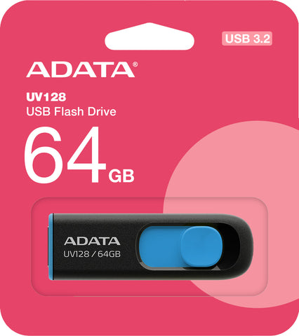 64GB ADATA UV128 Dashdrive Retractable USB 3.0 Flash Drive (Blue/Black)